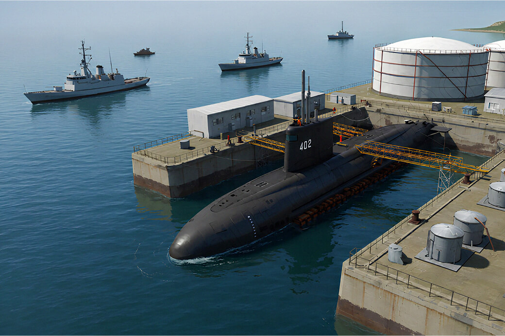 Submarine moored alongside a naval dock, with several naval vessels visible in surrounding waters.