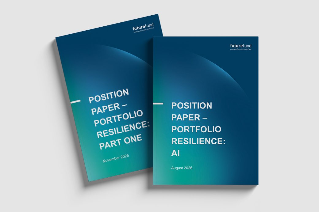 Two Future Fund position papers titled “Portfolio Resilience”, displayed side by side with dark blue and green graduated covers.